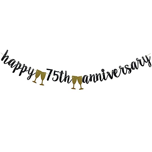 Happy 75TH Anniversary Banner,Pre-Strung, Black Paper Glitter Party Decorations For 75TH Wedding Anniversary Party Supplies Letters Black ZHAOFEIHN