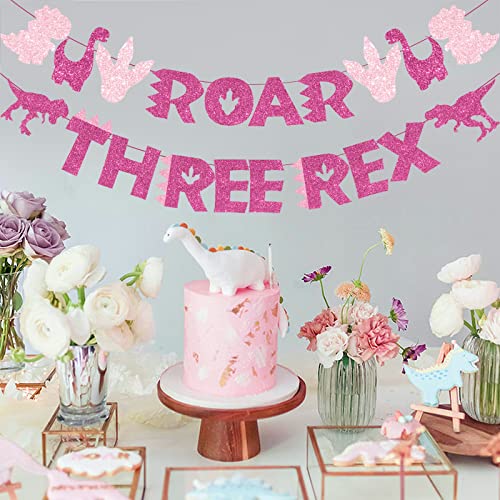 Three Rex Banner Rose Red and Dinosaur ROAR Garland Glitter for Girls 3rd Birthday Dinosaur Party Supplies, Pink Dinosaur Party Decorations