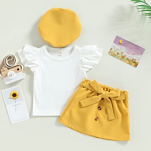 Bonangber Toddler Girl Skirt Outfit Baby Summer Short Sleeve Ribbed Ruffle Tops+Elastic Waist Mini Skirts+Hat 3pcs Baby Clothes (White, 4-5 Years)