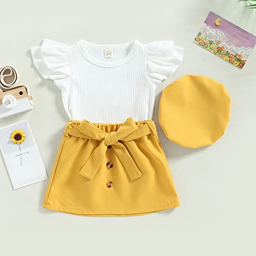 Bonangber Toddler Girl Skirt Outfit Baby Summer Short Sleeve Ribbed Ruffle Tops+Elastic Waist Mini Skirts+Hat 3pcs Baby Clothes (White, 4-5 Years)