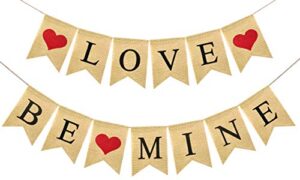 fakteen love and be mine burlap banner garland with hearts for happy valentine’s day decorations, rustic wedding anniversary birthday party supplies