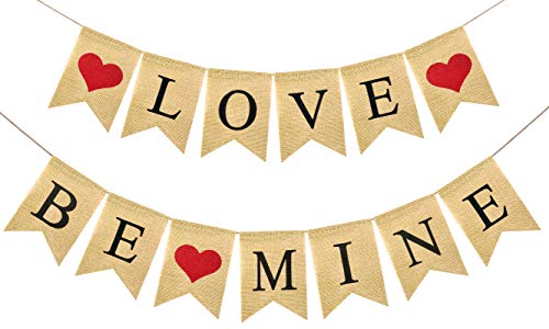 FAKTEEN Love and Be Mine Burlap Banner Garland with Hearts for Happy Valentine's Day Decorations, Rustic Wedding Anniversary Birthday Party Supplies