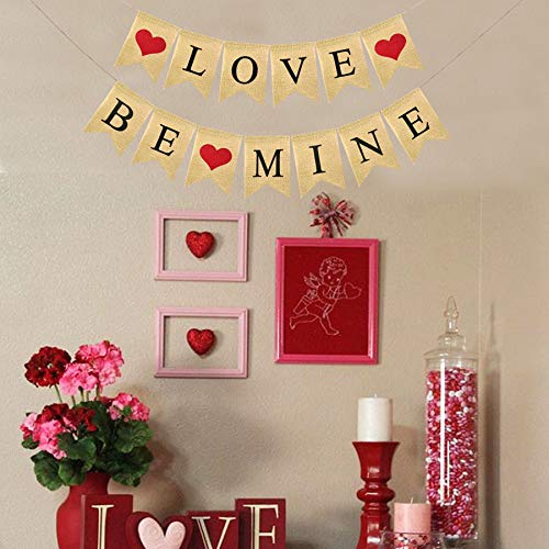 FAKTEEN Love and Be Mine Burlap Banner Garland with Hearts for Happy Valentine's Day Decorations, Rustic Wedding Anniversary Birthday Party Supplies