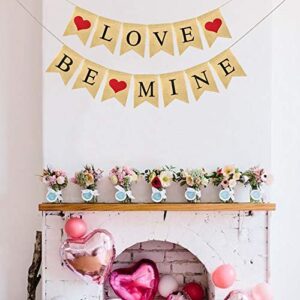 FAKTEEN Love and Be Mine Burlap Banner Garland with Hearts for Happy Valentine's Day Decorations, Rustic Wedding Anniversary Birthday Party Supplies