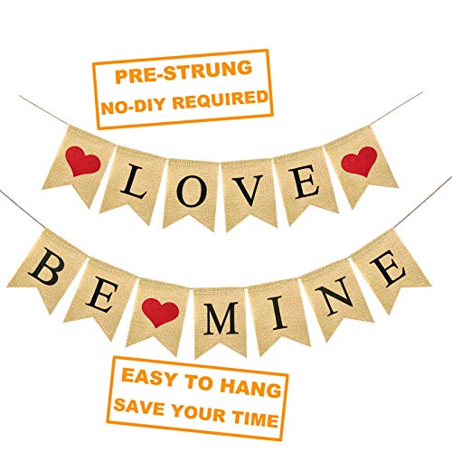 FAKTEEN Love and Be Mine Burlap Banner Garland with Hearts for Happy Valentine's Day Decorations, Rustic Wedding Anniversary Birthday Party Supplies