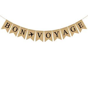 jute burlap bon voyage banner with airplane retirement, travel theme, cruise party decoration