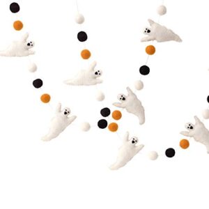 glaciart one felt balls + ghosts garland – easy to hang halloween party banner decoration – 100% new zealand wool, hand-felted in nepal – 5′ long, 15 white orange & black pom poms, 4 ghost ornaments