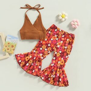 Toddler Baby Girl Two Piece Outfit Floral Bell Bottoms Short Sleeve T Shirts Flare Bottom Pants Girl Summer Clothes Set (Ribbed Brown, 12-18 Months)