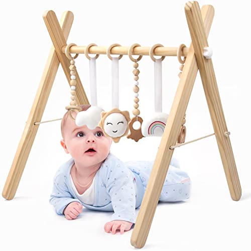 Wooden Baby Play Gym, WOOD CITY Foldable Baby Gym with 6 Hanging Sensory Toys for Infants Activity, Newborn Gifts for Baby Girl and Boy (Natural Wood)