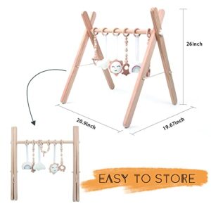 Wooden Baby Play Gym, WOOD CITY Foldable Baby Gym with 6 Hanging Sensory Toys for Infants Activity, Newborn Gifts for Baby Girl and Boy (Natural Wood)