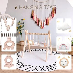 Wooden Baby Play Gym, WOOD CITY Foldable Baby Gym with 6 Hanging Sensory Toys for Infants Activity, Newborn Gifts for Baby Girl and Boy (Natural Wood)