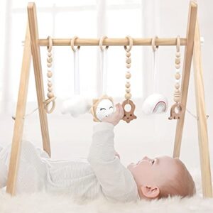 Wooden Baby Play Gym, WOOD CITY Foldable Baby Gym with 6 Hanging Sensory Toys for Infants Activity, Newborn Gifts for Baby Girl and Boy (Natural Wood)