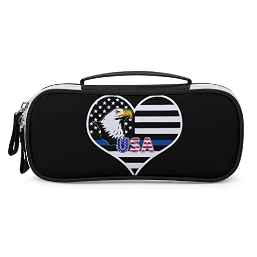 Thin Blue Line American Flag PU Leather Pencil Pen Case Organizer Travel Makeup Handbag Portable Stationery Bag