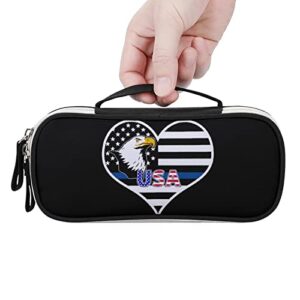 Thin Blue Line American Flag PU Leather Pencil Pen Case Organizer Travel Makeup Handbag Portable Stationery Bag