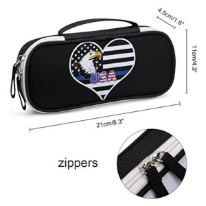 Thin Blue Line American Flag PU Leather Pencil Pen Case Organizer Travel Makeup Handbag Portable Stationery Bag