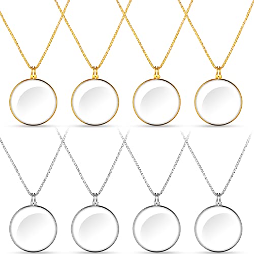 Magnifying Glass Costume Monocle Eyepiece 5X Monocle Magnifier Necklace Monocle on Chain Mini Portable Monocle Jewelry Hanging Magnifying Glass Pendant for Reading Newspaper Map, Silver Gold (8 Pack)