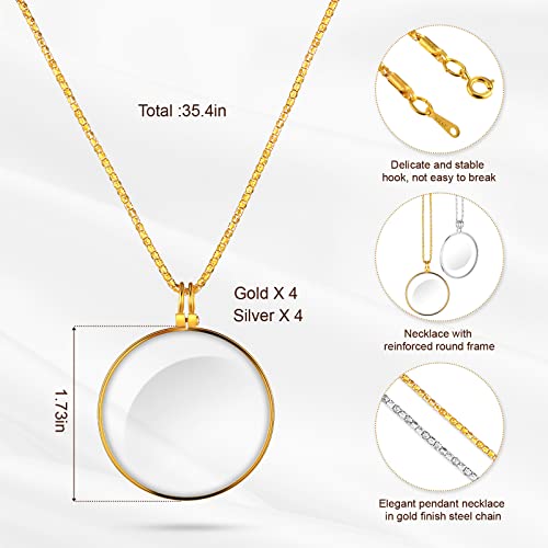 Magnifying Glass Costume Monocle Eyepiece 5X Monocle Magnifier Necklace Monocle on Chain Mini Portable Monocle Jewelry Hanging Magnifying Glass Pendant for Reading Newspaper Map, Silver Gold (8 Pack)