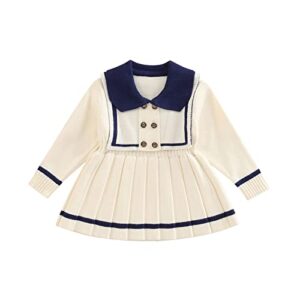 lxxiashi baby girls knitted sweater dress toddler girls sailor dress long sleeve fall winter pleated dress (apricot, 2-3t)