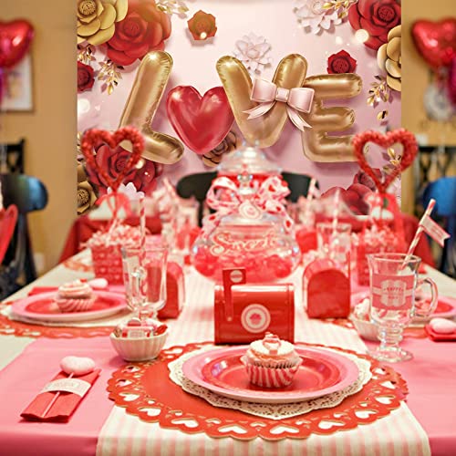 Valentine's Day Backdrop Banner 59 X 39 Inch Large Size Pink Love Theme Flower Pattern Backdrop Decor Holiday Party Supplies for Valentines Party Decorations