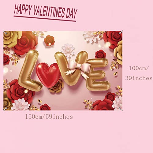 Valentine's Day Backdrop Banner 59 X 39 Inch Large Size Pink Love Theme Flower Pattern Backdrop Decor Holiday Party Supplies for Valentines Party Decorations