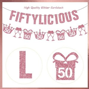 Happy 50th Birthday Banner Rose Gold, Fiftylicious Banner, 50 Year Old Party Decorations for Women, 50th Birthday Anniversary Milestone Decorations