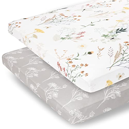 Pobibaby - 2 Pack Premium Pack N Play Sheets Fitted for Standard Pack and Plays and Mini Cribs - Ultra-Soft Jersey Knit, Stylish Floral Pattern, Safe and Snug for Baby (Wildflower)