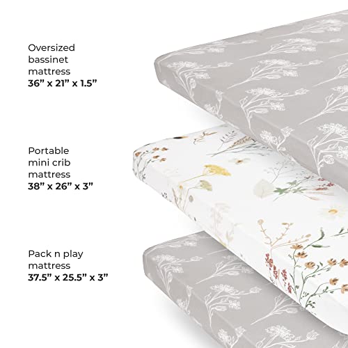 Pobibaby - 2 Pack Premium Pack N Play Sheets Fitted for Standard Pack and Plays and Mini Cribs - Ultra-Soft Jersey Knit, Stylish Floral Pattern, Safe and Snug for Baby (Wildflower)