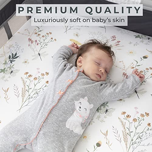 Pobibaby - 2 Pack Premium Pack N Play Sheets Fitted for Standard Pack and Plays and Mini Cribs - Ultra-Soft Jersey Knit, Stylish Floral Pattern, Safe and Snug for Baby (Wildflower)