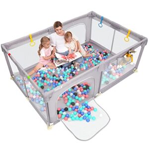 dripex baby playpen, 71*47 inch baby playards with zipper gates, kids play pen, safe no gaps, see-through mesh, play pens for babies and toddlers, baby gate playpen, baby fence (grey )