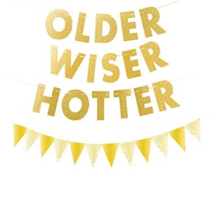 older wiser hotter birthday banner, funny birthday decorations for adults party decorations, happy birthday sign birthday decorations for women men, 30th 40th 50h 60th 70th birthday decor supplies
