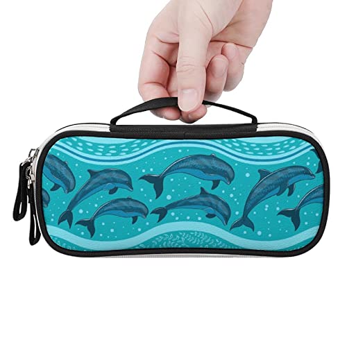 Dolphins in The Sea PU Leather Pencil Pen Case Organizer Travel Makeup Handbag Portable Stationery Bag