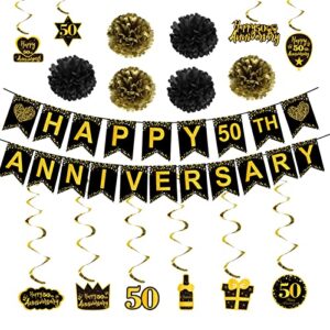 darunaxy 50th wedding anniversary decorations kit, happy 50th anniversary black gold glitter banner for women, 6pcs poms, 10pcs hanging swirls for cheer to 50 anniversary party supplies for men(17pcs)