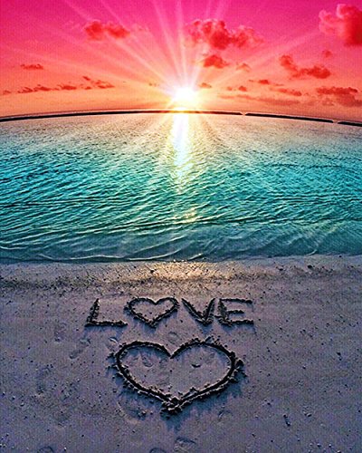 DIY 5D Diamond Painting Beach by Number Kits, Sunset Love Diamond Art Kit Paint for Adults Full Drill Crystal Rhinestone Picture Arts Craft for Home Wall Decor Gift 12X16in
