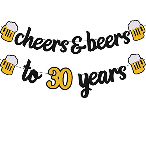 Cheers 30 Years Banner 30th Birthday Decorations for Men Women Him Her 30s Happy Birthday Theme Wedding Anniversary Party Supplies Black Sparkle Decorations Pre-strung