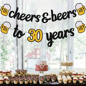 Cheers 30 Years Banner 30th Birthday Decorations for Men Women Him Her 30s Happy Birthday Theme Wedding Anniversary Party Supplies Black Sparkle Decorations Pre-strung