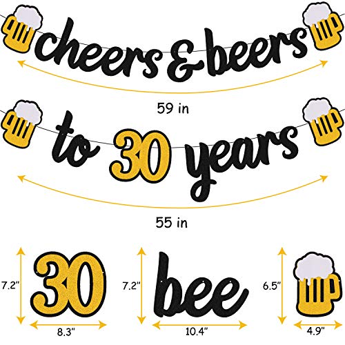 Cheers 30 Years Banner 30th Birthday Decorations for Men Women Him Her 30s Happy Birthday Theme Wedding Anniversary Party Supplies Black Sparkle Decorations Pre-strung