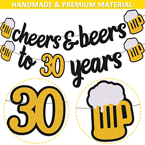 Cheers 30 Years Banner 30th Birthday Decorations for Men Women Him Her 30s Happy Birthday Theme Wedding Anniversary Party Supplies Black Sparkle Decorations Pre-strung