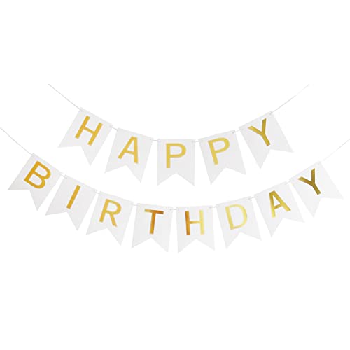 Paper Happy Birthday Banner, Birthday Decorations Versatile, Beautiful, Swallowtail Bunting Flag Garland, Chic White and Gold DIY Party Decoration,Big Size 16*20cm (White)