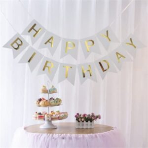 Paper Happy Birthday Banner, Birthday Decorations Versatile, Beautiful, Swallowtail Bunting Flag Garland, Chic White and Gold DIY Party Decoration,Big Size 16*20cm (White)