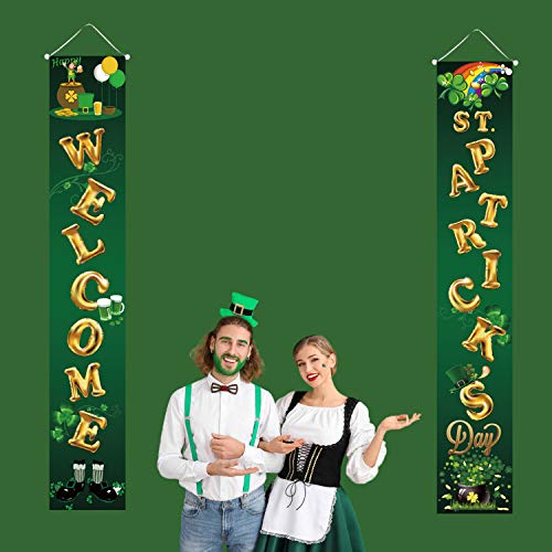 HOPEME ST. Patrick’s Day Decorations Hanging Welcome Sign, 70 x 13 Inch Porch Banners with Shamrock Balloon Themed Decorations, Home Party Hanging and Wall Decorations