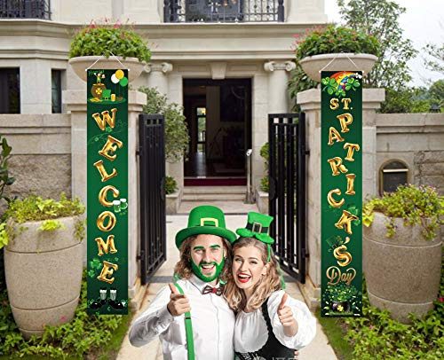 HOPEME ST. Patrick’s Day Decorations Hanging Welcome Sign, 70 x 13 Inch Porch Banners with Shamrock Balloon Themed Decorations, Home Party Hanging and Wall Decorations