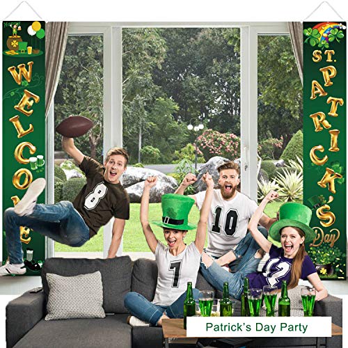 HOPEME ST. Patrick’s Day Decorations Hanging Welcome Sign, 70 x 13 Inch Porch Banners with Shamrock Balloon Themed Decorations, Home Party Hanging and Wall Decorations