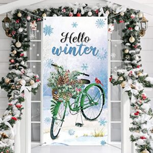 Hello Winter Welcome Porch Sign Door Cover Banner Winter Party Decoration Backdrop Floral Bike Banner Large Seasonal Door Banner Background Door Cover, 70.8 x 35 Inch (Winter Style)