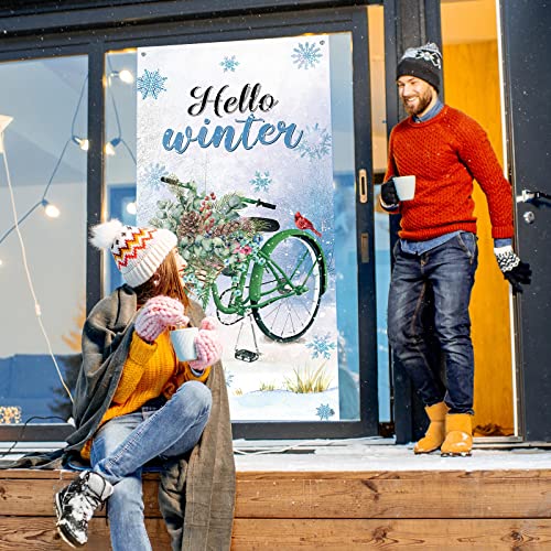 Hello Winter Welcome Porch Sign Door Cover Banner Winter Party Decoration Backdrop Floral Bike Banner Large Seasonal Door Banner Background Door Cover, 70.8 x 35 Inch (Winter Style)