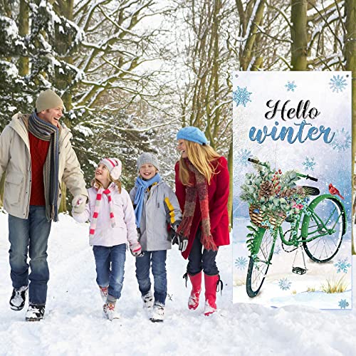 Hello Winter Welcome Porch Sign Door Cover Banner Winter Party Decoration Backdrop Floral Bike Banner Large Seasonal Door Banner Background Door Cover, 70.8 x 35 Inch (Winter Style)