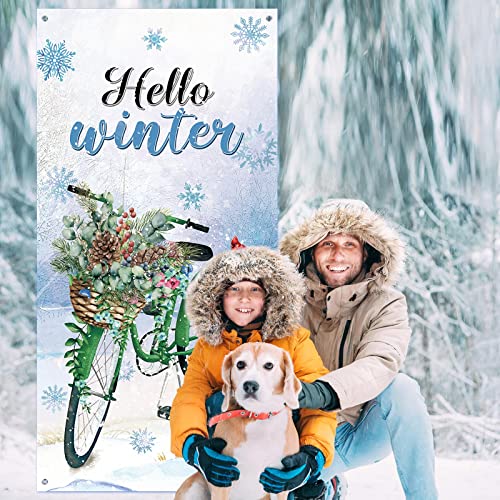 Hello Winter Welcome Porch Sign Door Cover Banner Winter Party Decoration Backdrop Floral Bike Banner Large Seasonal Door Banner Background Door Cover, 70.8 x 35 Inch (Winter Style)