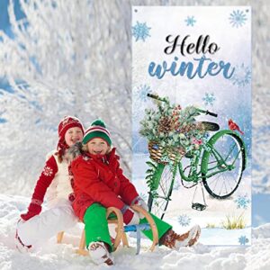 Hello Winter Welcome Porch Sign Door Cover Banner Winter Party Decoration Backdrop Floral Bike Banner Large Seasonal Door Banner Background Door Cover, 70.8 x 35 Inch (Winter Style)