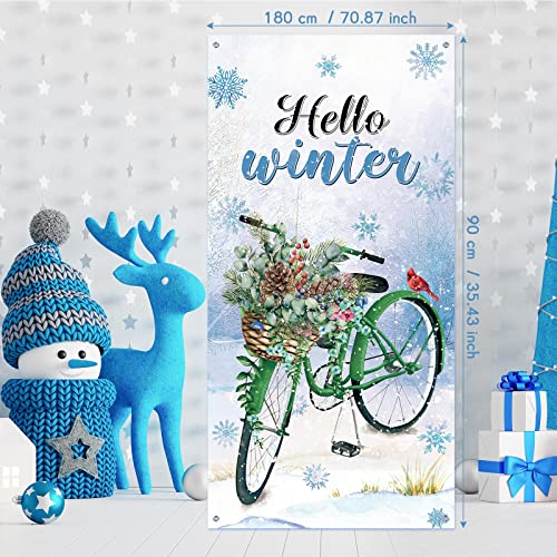 Hello Winter Welcome Porch Sign Door Cover Banner Winter Party Decoration Backdrop Floral Bike Banner Large Seasonal Door Banner Background Door Cover, 70.8 x 35 Inch (Winter Style)