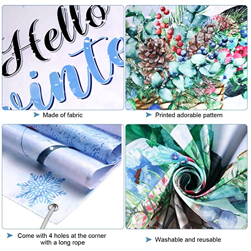 Hello Winter Welcome Porch Sign Door Cover Banner Winter Party Decoration Backdrop Floral Bike Banner Large Seasonal Door Banner Background Door Cover, 70.8 x 35 Inch (Winter Style)