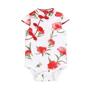 DCUTERQ Baby Girl Summer Rompers Flower Print Cheongsam Short Sleeve Romper Outfit Jumpsuit Red 6-9 Months